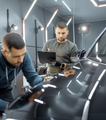 Two car service workers examining vehicle body for scratches and damages while taking a car for professional automotive detailing